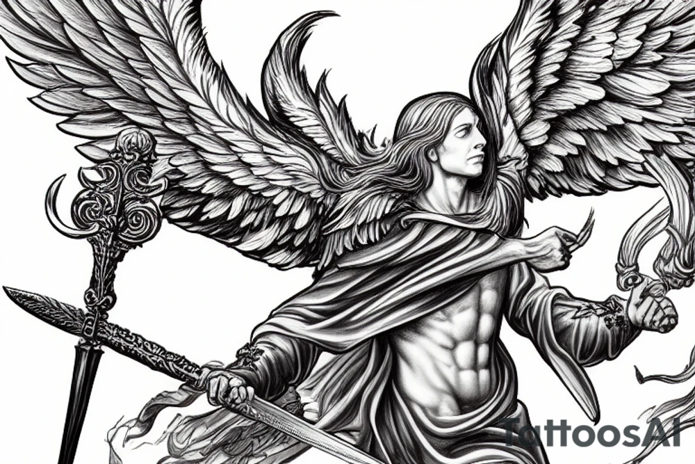 A strong male Angel with wings , holding a sword in dynamic pose, highly rendered, high detail tattoo idea