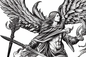 A strong male Angel with wings , holding a sword in dynamic pose, highly rendered, high detail tattoo idea