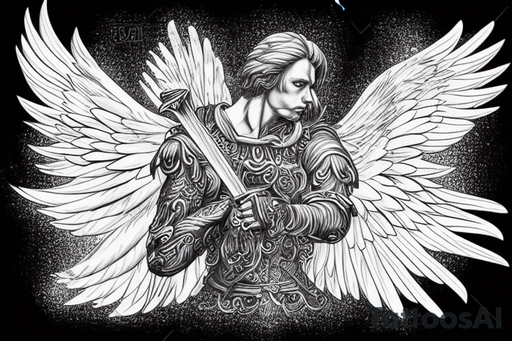 A strong male Angel with wings , holding a sword in dynamic pose, highly rendered, high detail tattoo idea