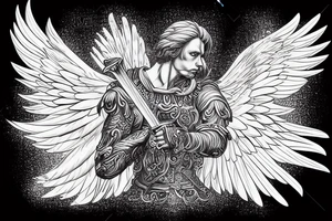 A strong male Angel with wings , holding a sword in dynamic pose, highly rendered, high detail tattoo idea