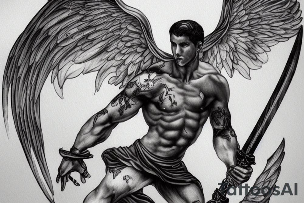 A strong male Angel with wings , holding a sword in dynamic pose, highly rendered, high detail tattoo idea