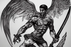 A strong male Angel with wings , holding a sword in dynamic pose, highly rendered, high detail tattoo idea