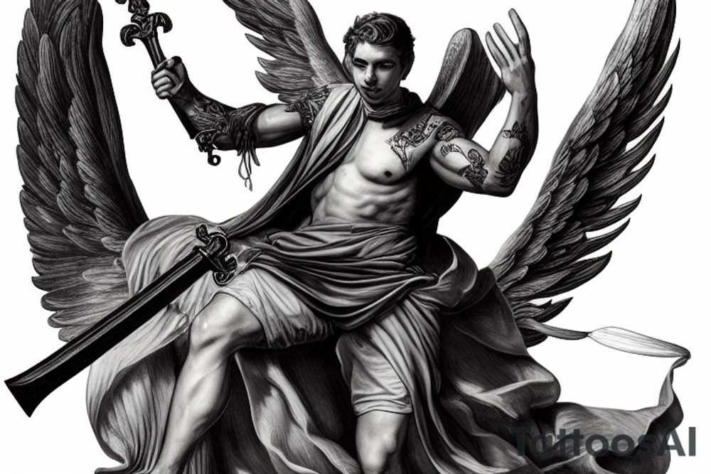 A strong male Angel with wings , holding a sword in dynamic pose, highly rendered, high detail tattoo idea