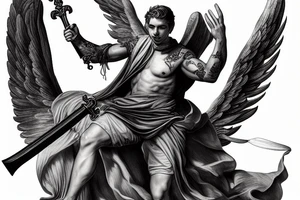 A strong male Angel with wings , holding a sword in dynamic pose, highly rendered, high detail tattoo idea