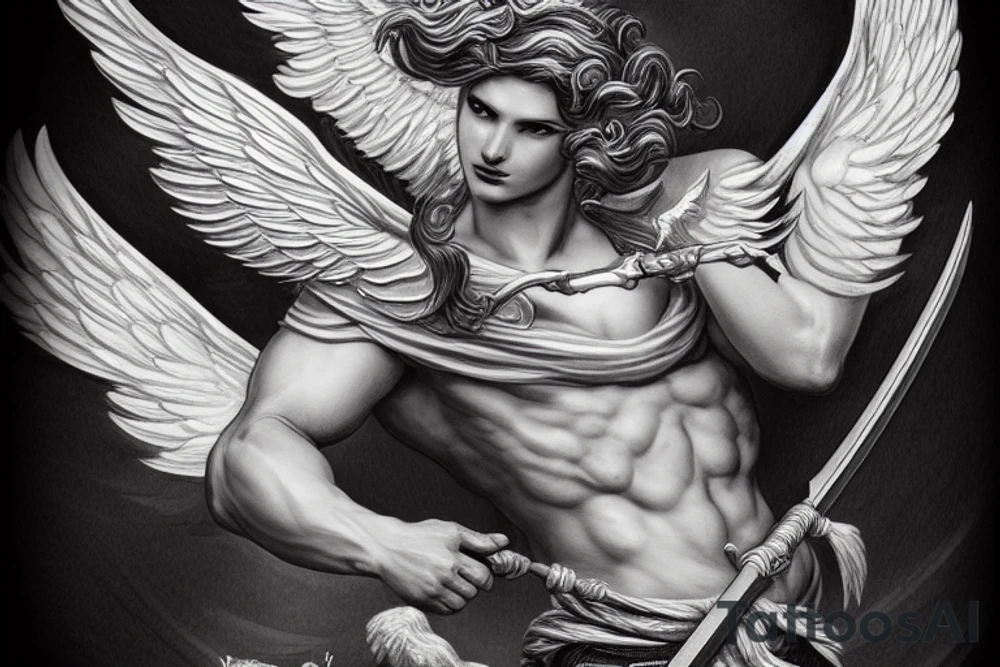 A strong male Angel with wings , holding a sword in dynamic pose, highly rendered, high detail tattoo idea
