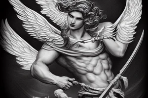 A strong male Angel with wings , holding a sword in dynamic pose, highly rendered, high detail tattoo idea