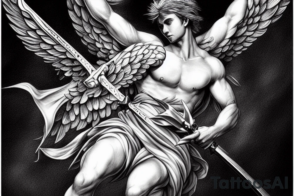 A strong male Angel with wings , holding a sword in dynamic pose, highly rendered, high detail tattoo idea