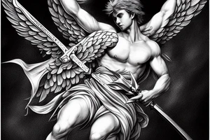 A strong male Angel with wings , holding a sword in dynamic pose, highly rendered, high detail tattoo idea