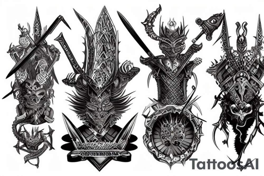 three warriors with swords defeated the dragon tattoo idea
