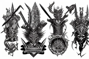 three warriors with swords defeated the dragon tattoo idea