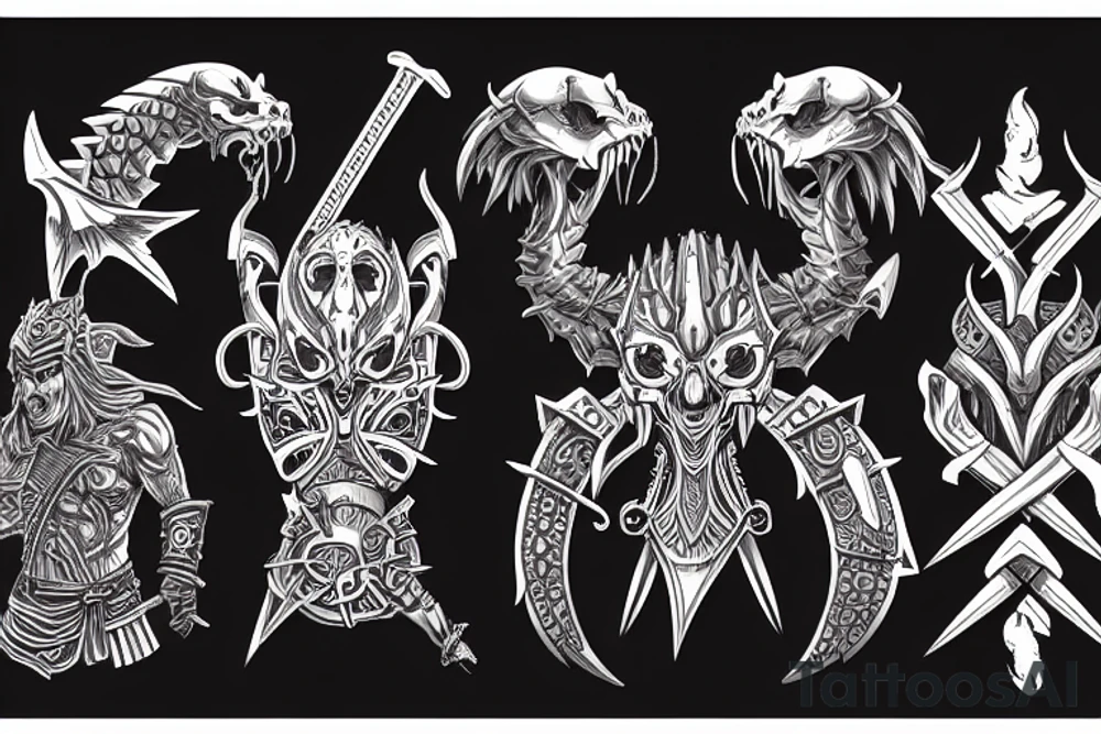 three warriors with swords defeated the dragon tattoo idea