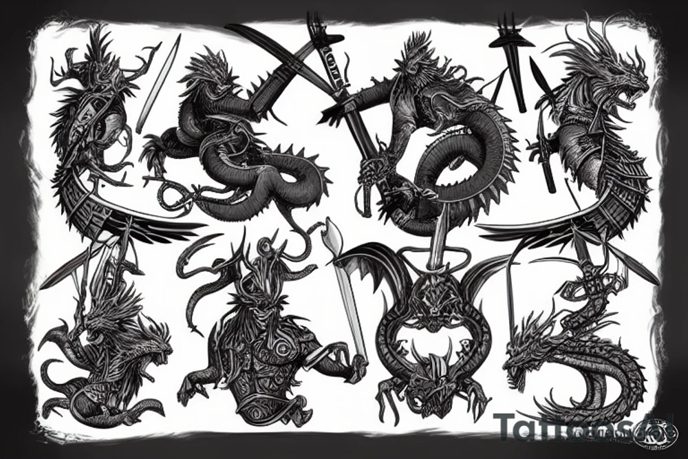 three warriors with swords defeated the dragon tattoo idea