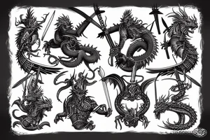 three warriors with swords defeated the dragon tattoo idea