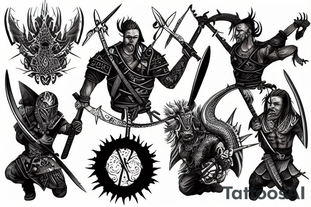three warriors with swords defeated the dragon tattoo idea