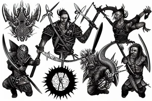 three warriors with swords defeated the dragon tattoo idea