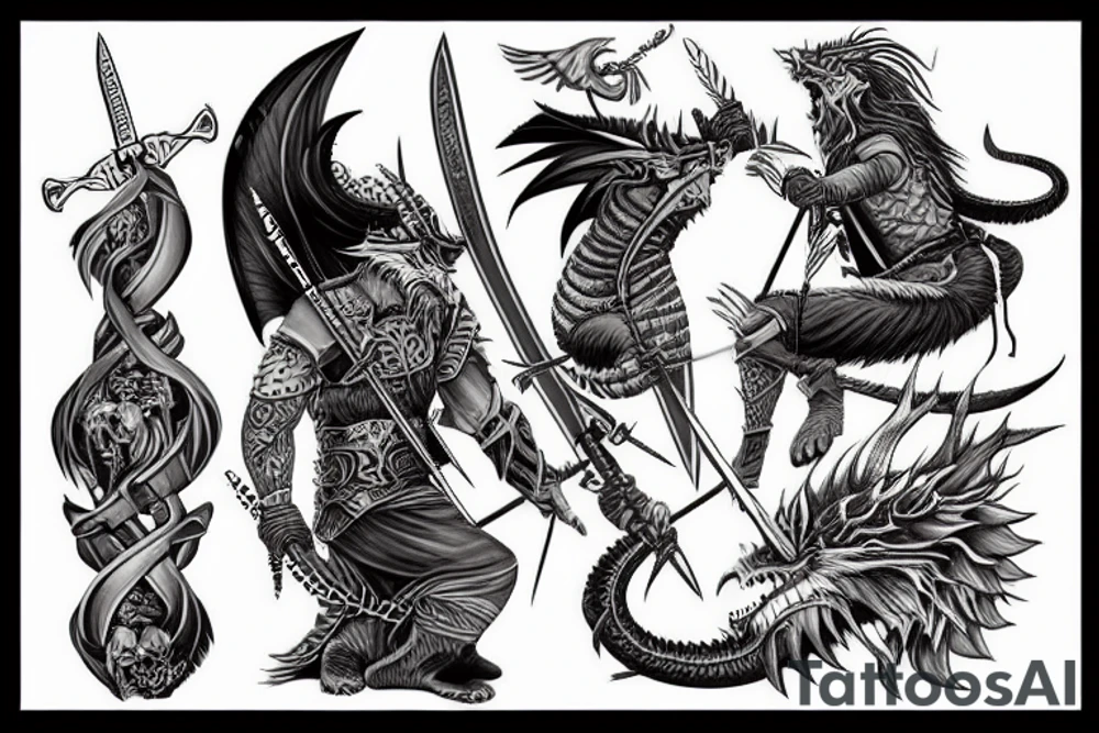 three warriors with swords defeated the dragon tattoo idea