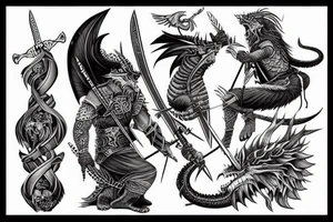 three warriors with swords defeated the dragon tattoo idea