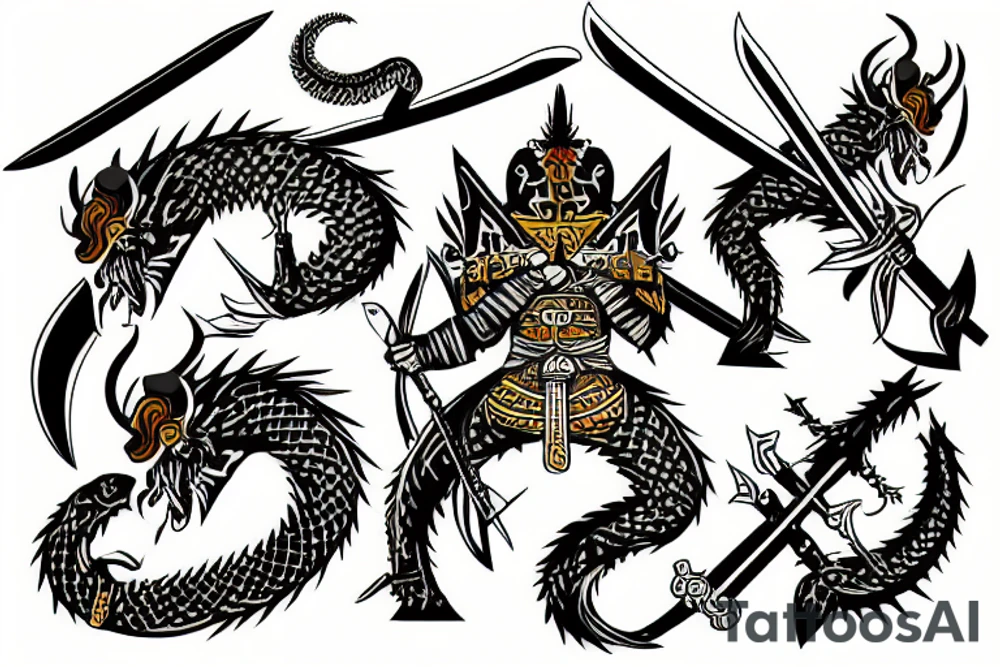 three warriors with swords defeated the dragon tattoo idea