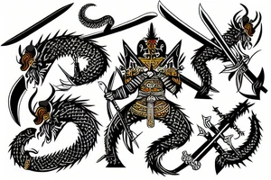 three warriors with swords defeated the dragon tattoo idea