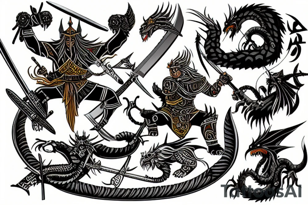 three warriors with swords defeated the dragon tattoo idea
