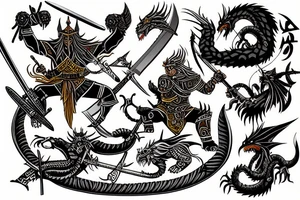 three warriors with swords defeated the dragon tattoo idea
