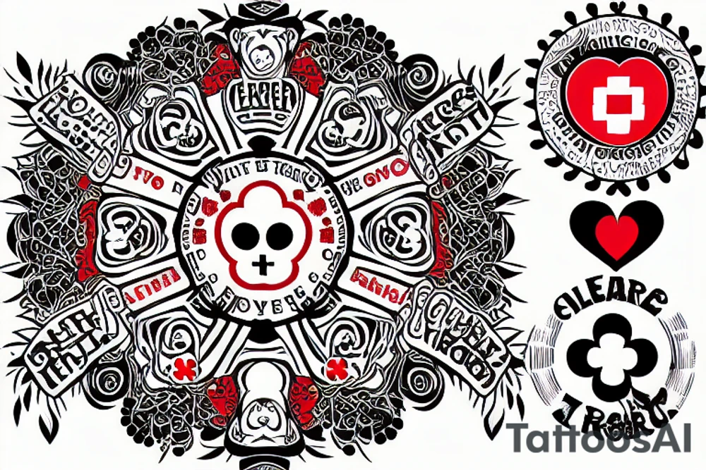 Circle with clover, heart and people across red cross tattoo idea