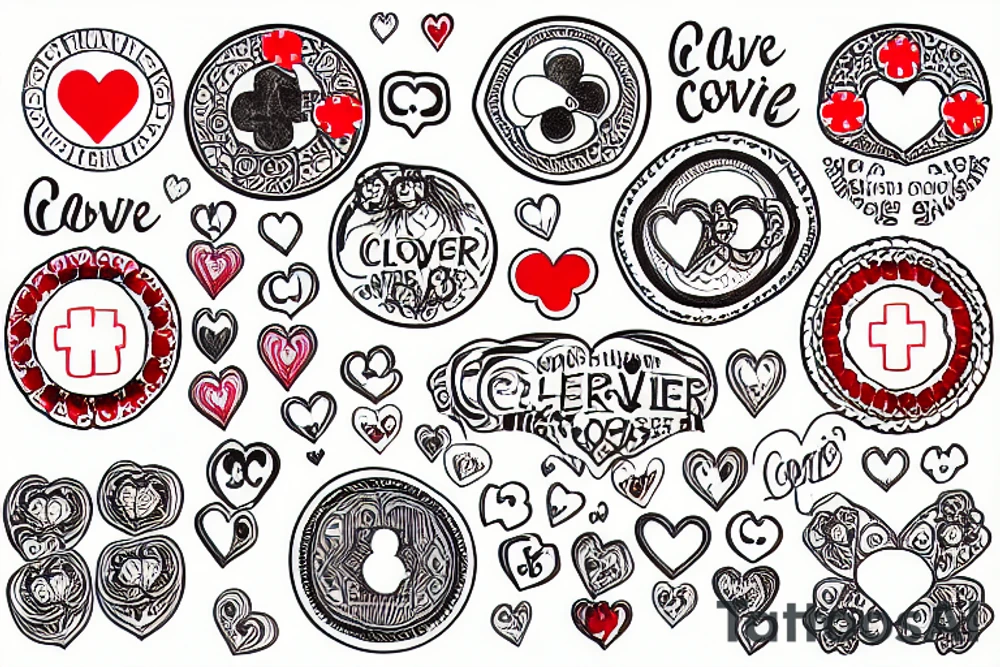 Circle with clover, heart and people across red cross tattoo idea