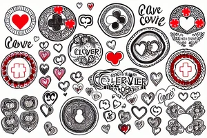 Circle with clover, heart and people across red cross tattoo idea