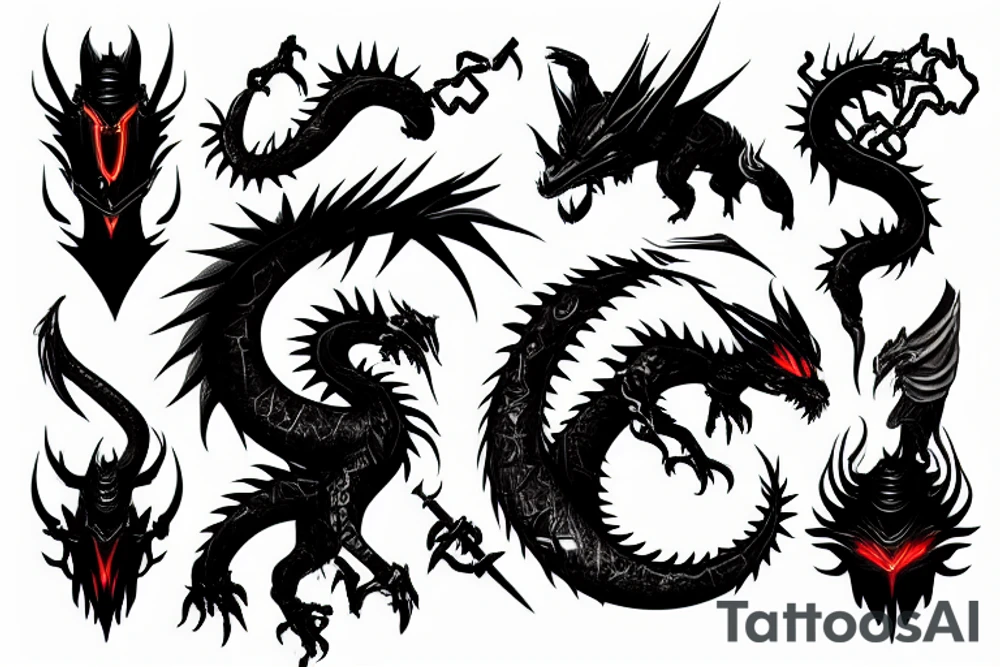 Cyber punk dragon with fire sword tattoo idea