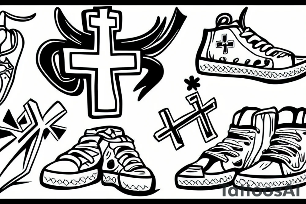 Goat with an inverted cross in sneakers tattoo idea