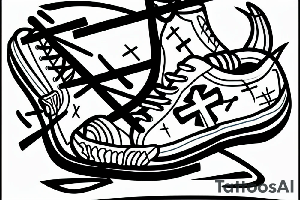 Goat with an inverted cross in sneakers tattoo idea