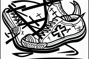 Goat with an inverted cross in sneakers tattoo idea