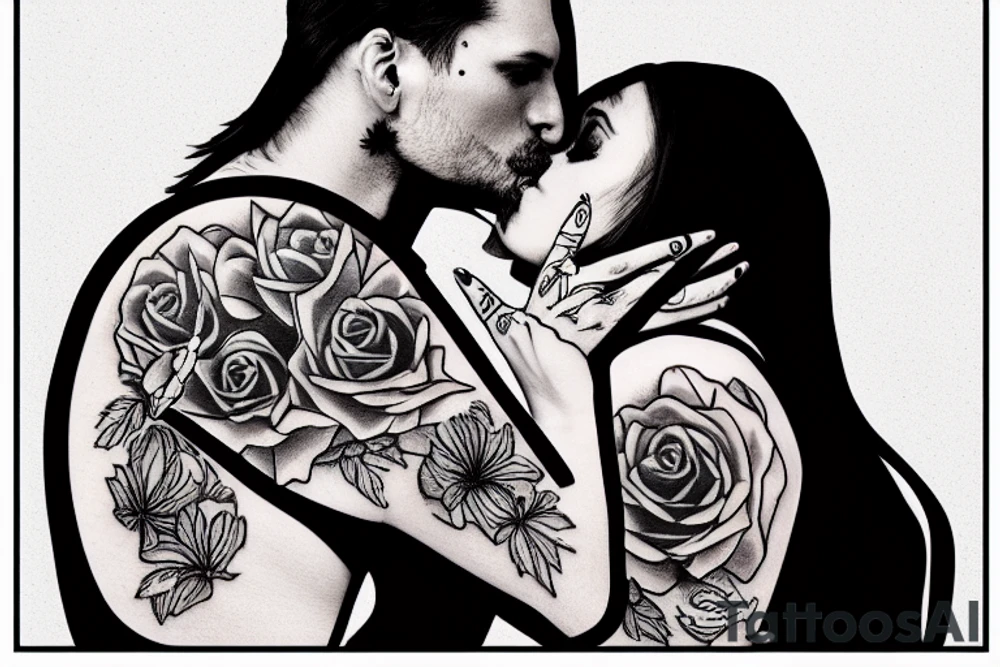 a woman kissing a man and binding them in love tattoo idea