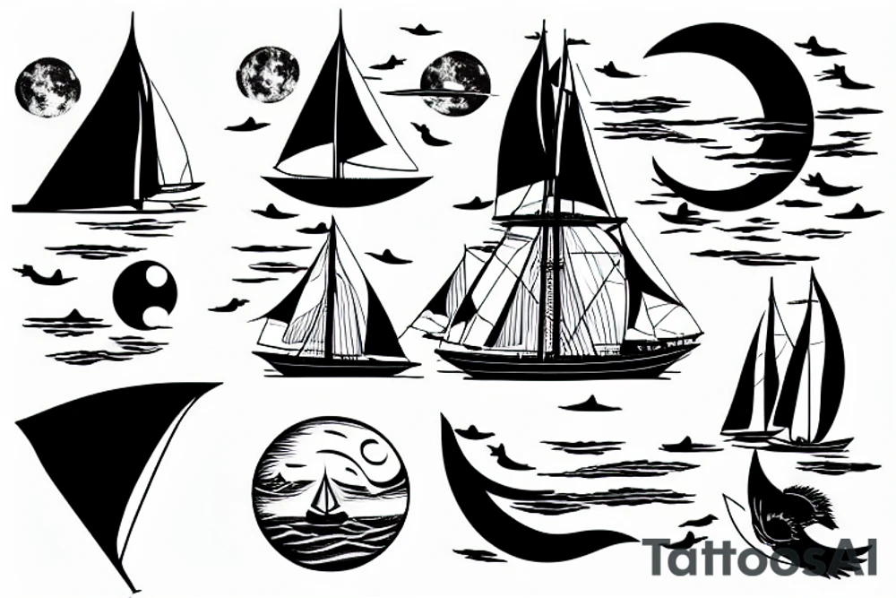 Sailing under full moon with reflection tattoo idea Sailing under full moon with reflection tattoo idea