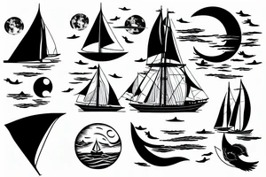 Sailing under full moon with reflection tattoo idea