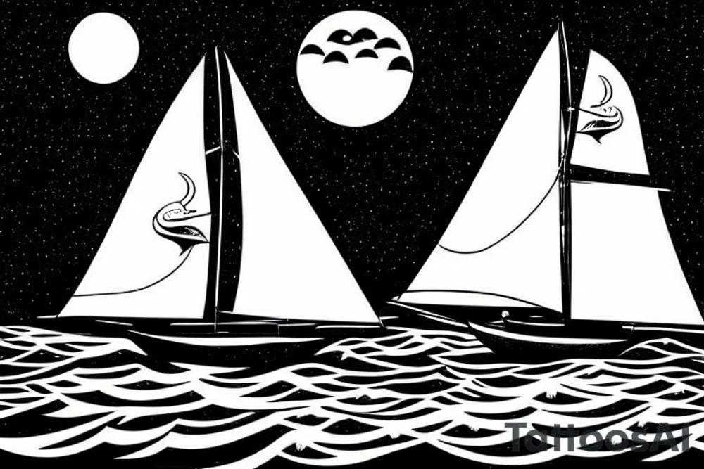 Sailing under full moon with reflection tattoo idea Sailing under full moon with reflection tattoo idea