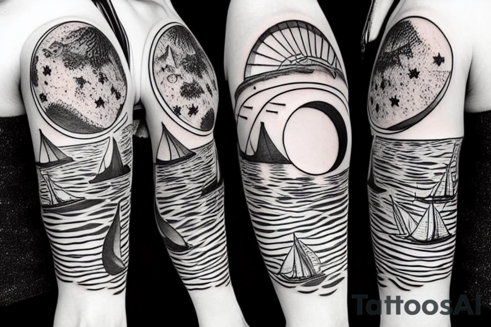 Sailing under full moon with reflection tattoo idea