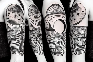 Sailing under full moon with reflection tattoo idea