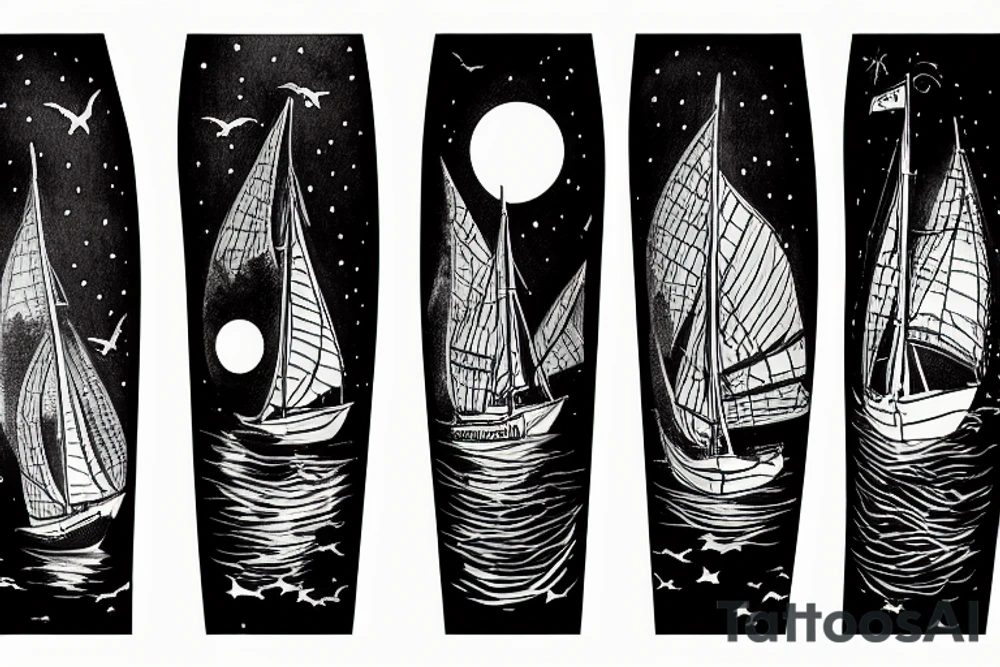 Sailing under full moon with reflection tattoo idea