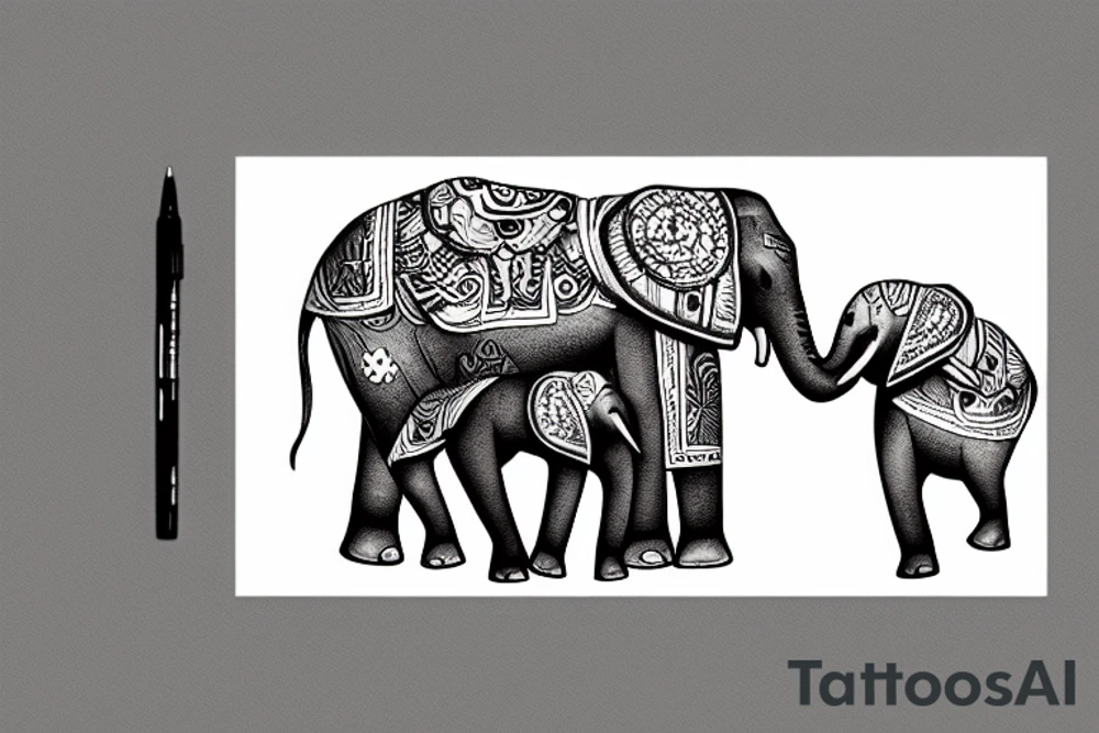 Family of elephants representing the past and an elephant astronaut representing the future tattoo idea