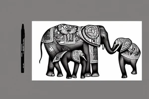 Family of elephants representing the past and an elephant astronaut representing the future tattoo idea