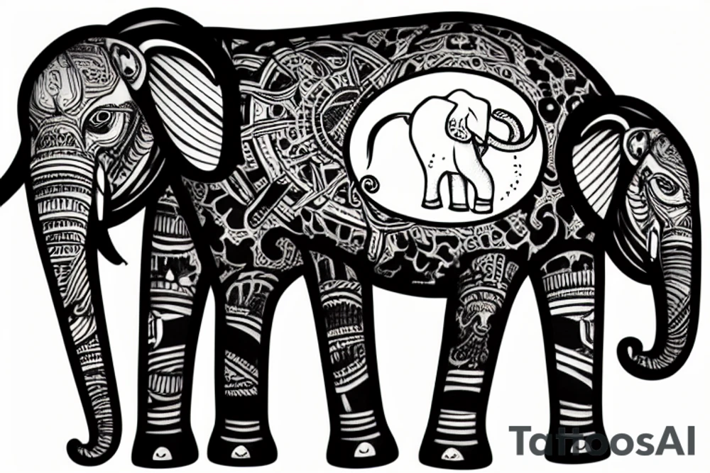 Family of elephants representing the past and an elephant astronaut representing the future tattoo idea