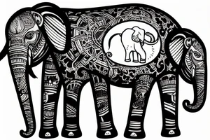 Family of elephants representing the past and an elephant astronaut representing the future tattoo idea