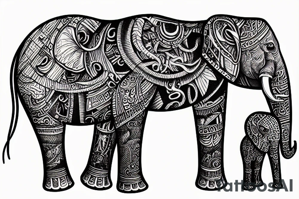 Family of elephants representing the past and an elephant astronaut representing the future tattoo idea