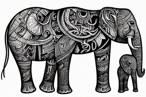 Family of elephants representing the past and an elephant astronaut representing the future tattoo idea