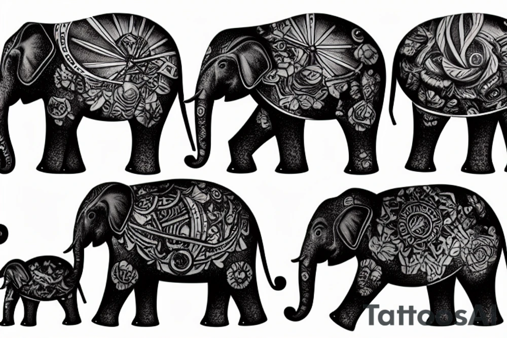 Family of elephants representing the past and an elephant astronaut representing the future tattoo idea