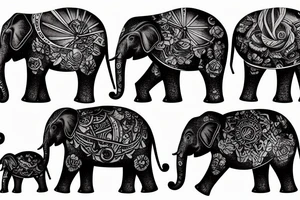 Family of elephants representing the past and an elephant astronaut representing the future tattoo idea