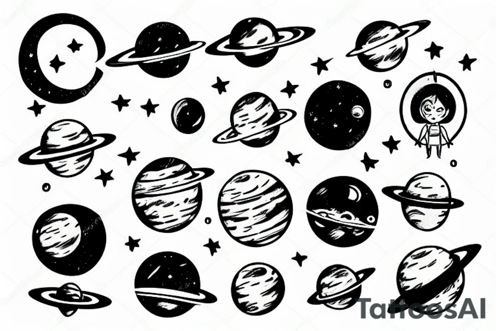 Outer space girl with moon and planets tattoo idea