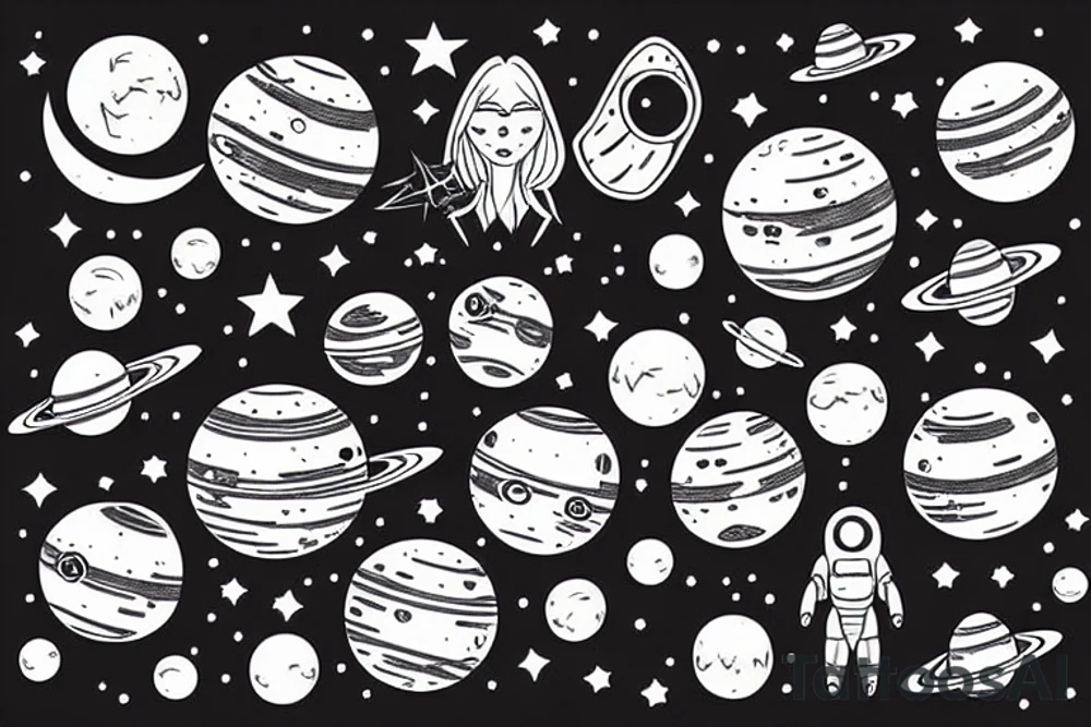 Outer space girl with moon and planets tattoo idea
