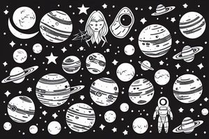 Outer space girl with moon and planets tattoo idea